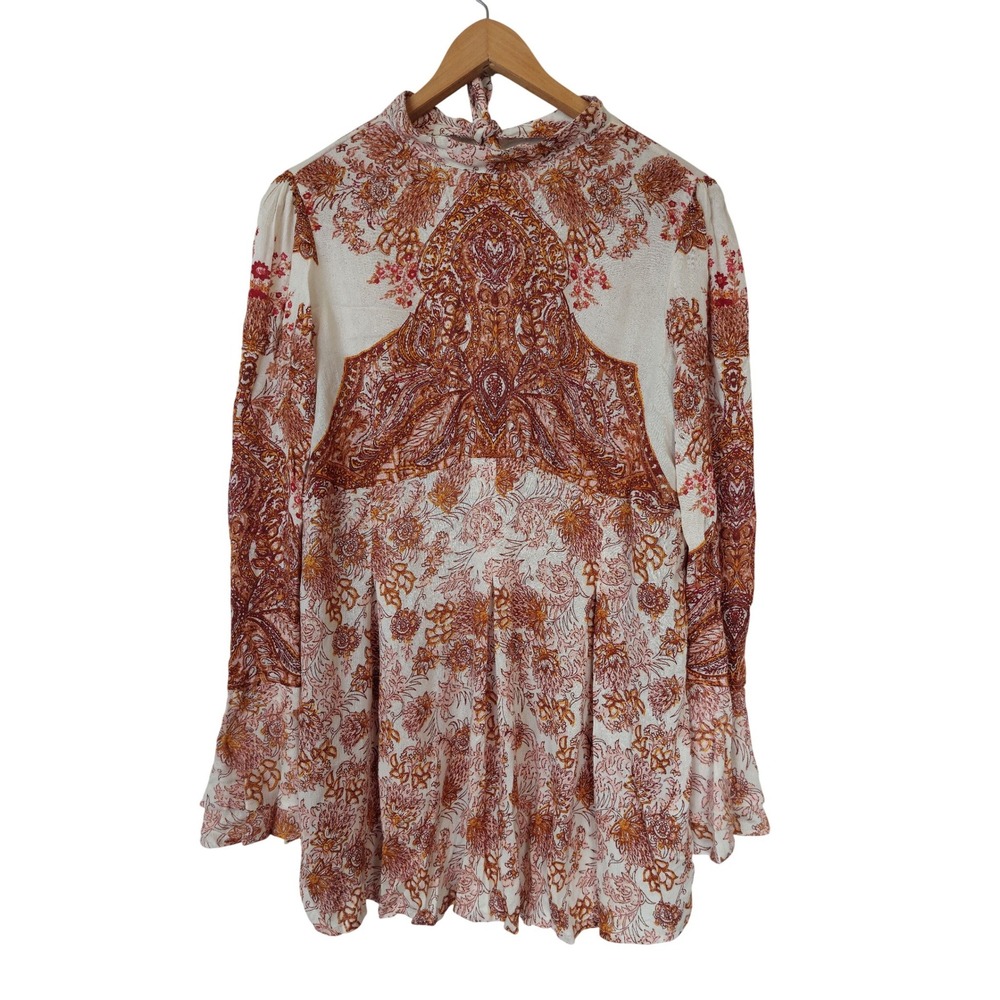 Free People Lady Luck Paisley Mock Neck Tunic Top Bell Sleeve Size XS Oversized